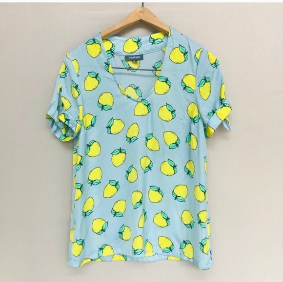 Modcloth Blue yellow lemon print v-neckline blouse size small short sleeve w/tie - Picture 4 of 12